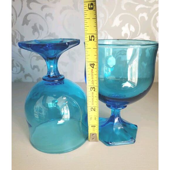 Vintage 1970s MCM Anchor Hocking Flair Laser Blue Footed Wine Glasses Set of 2 - Picture 6 of 9